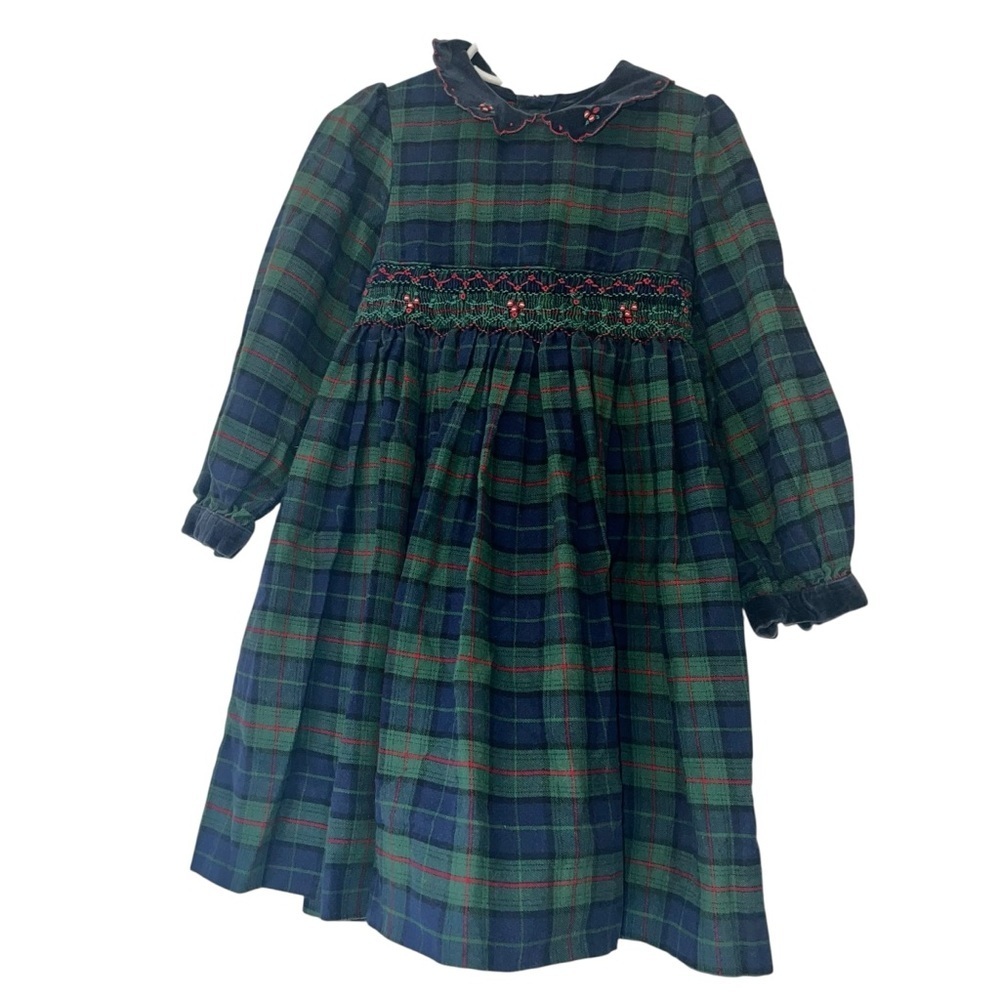 Vtg just friends blackwatch Plaid Long Sleeve smocked Dress Sz 4T floral